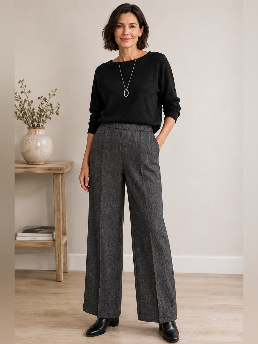 Eileen Fisher XS Charcoal Wool Blend Wide Leg Pull On Trousers Pants